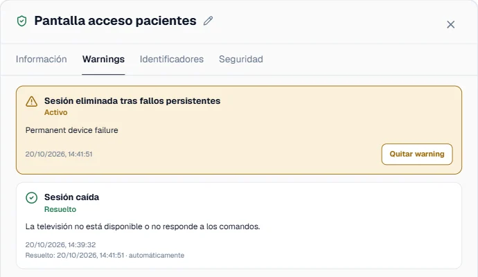 Ficha de la pantalla Acceso pacientes: sesión eliminada tras fallos persistentes, aviso activo